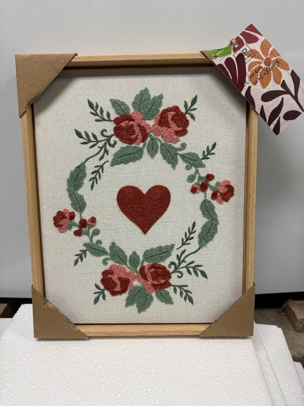 BP Home Woven Embroidered Textile Wall Art Heart/Flowers NWT FREE SHIPPING!